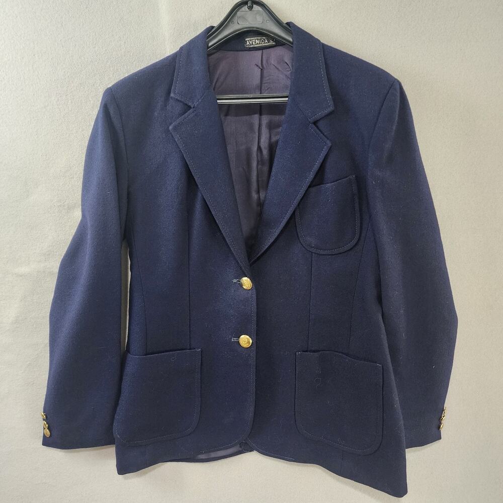 Avenida V by Nitya Virgin Wool Navy Blazer Gold Buttons Women Size 9/10 Vintage